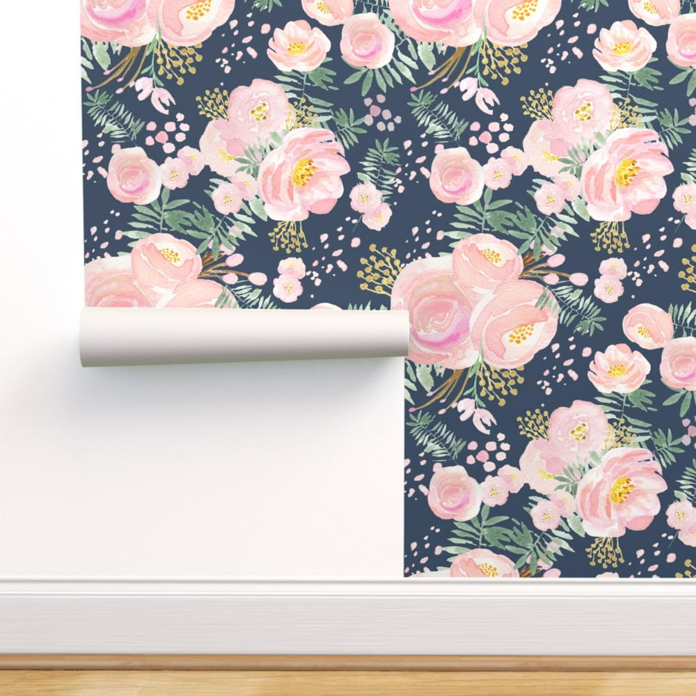 Peel-and-Stick Removable Wallpaper Navy Floral Pink Watercolour Flowers