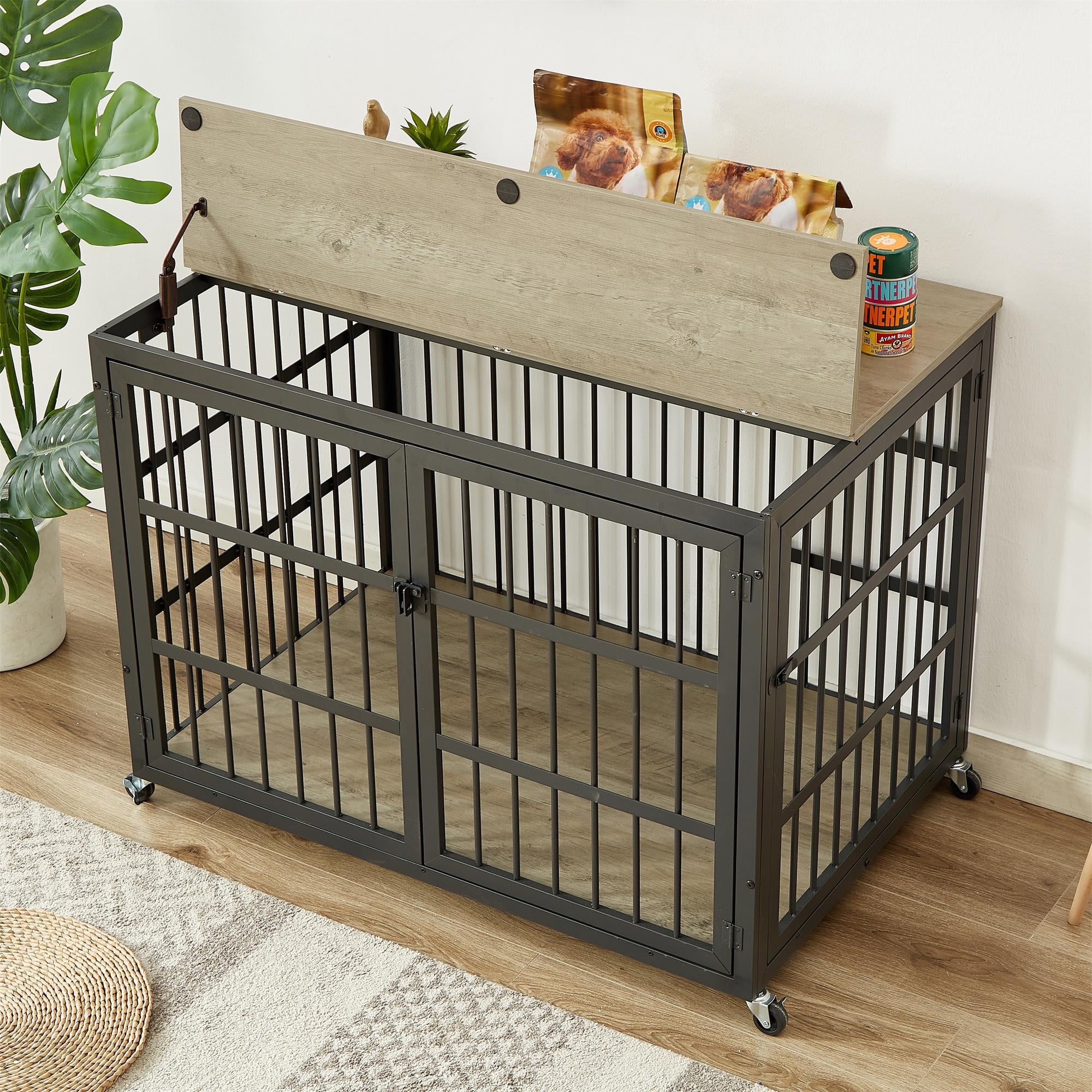 Pefilos 43" Heavy Duty Dog Crate for Small Dogs, Furniture Style Dog House with Wheels, Indoor Dog Cage Wrought Iron Frame Door with Side Openings, Gray Pefilos 43" Heavy Duty Dog Crate for Small Dogs, Furniture Style Dog House with Wheels, Indoor Dog Cage Wrought Iron Frame Door with Side Openings, Gray