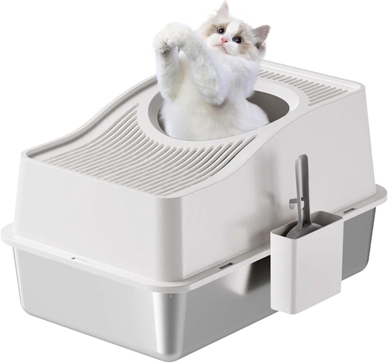 Rugerasy Stainless Steel Litter Box with Lid,Extra Large High Sided Cat Litter Trays,Enclosed Litter Box with Cat Litter Mat and Scoop,Easy Clean Detachable,White Basin 15 high