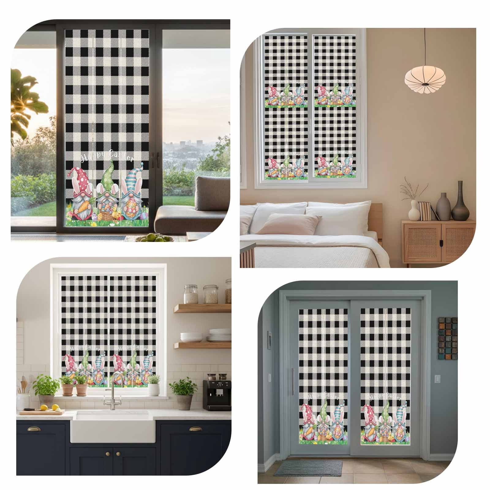 Happy Easter Window Privacy Film, Watercolor Gnomes Colorful Eggs Floral Greenery Black Plaid Frosted Glass Window Clings Static Cling UV Heat Blocking Reusable Sticker for Bedroom 17.7x78.7 Inch