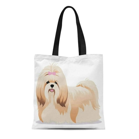- ASHLEIGH Canvas Tote Bag Brown Shih Tzu Dog Bow Breed Cartoon Long Durable Reusable Shopping Shoulder Grocery Bag