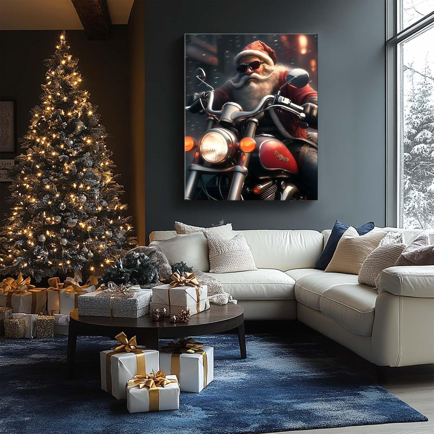 Christmas Cool Santa on Motorcycle Canvas wall art decor, Festive Wall Art for Living Room or Office, Unique Holiday Decor to Add a Fun and Modern Twist to Your Christmas Decorations 16X20inch