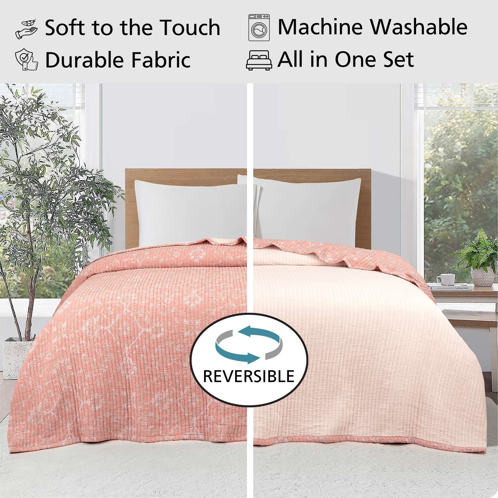 Mainstays 100% Cotton Matelasse Quilt Bedding Terracotta Floral Printed Denier Filled Jacquard Quilts, Full/Queen - Reversible, Breathable