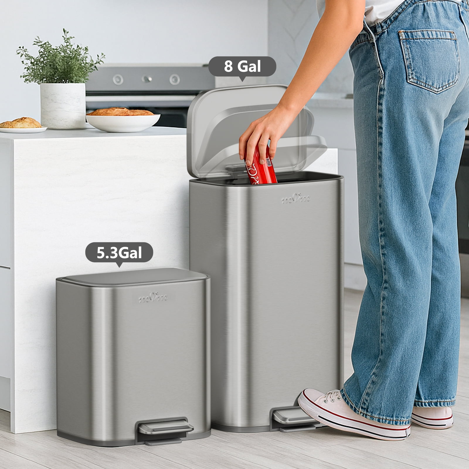 mVm Stainless Steel Trash Can, 5.3 Gal Trash Can with Lid, Smooth Edge Step Garbage Bin for Home Kitchen Office (Tin)