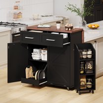 Harper & Bright Designs Farmhouse Kitchen Island with Drop Leaf, Kitchen Storage Island with Removable Side Racks and Drawers, Rolling Kitchen Cart on Wheels with Towel Rack, Black