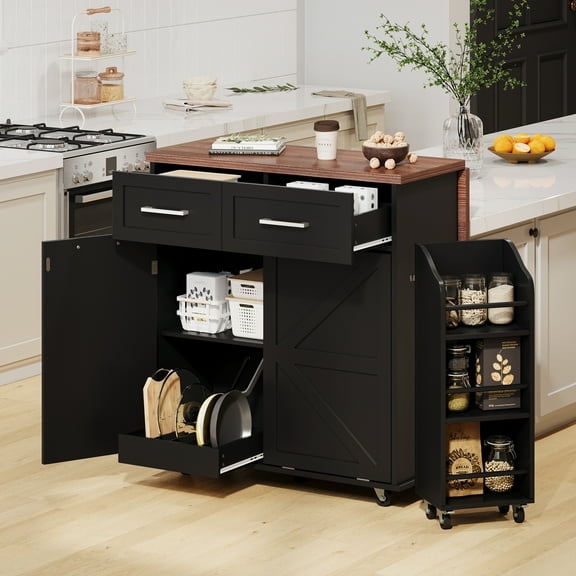 K&K 47.2" Kitchen Island with Drop Leaf, Storage, Drawers, Rolling Trolley with Towel Rack, Black