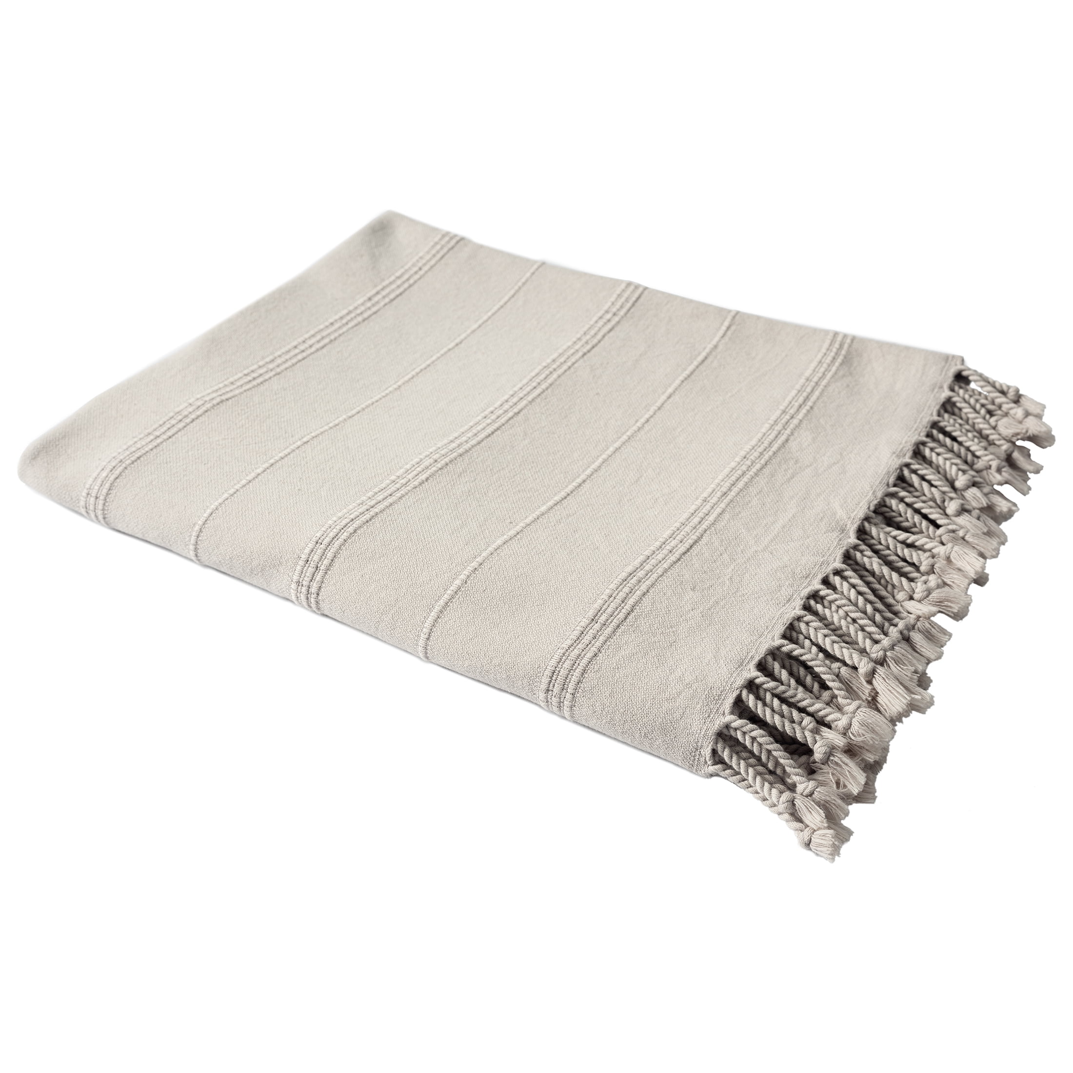 Ox Bay Sarra Beige Striped Fringed Ultra-Soft Turkish Cotton Reversible Throw Blanket, 50" x 60"