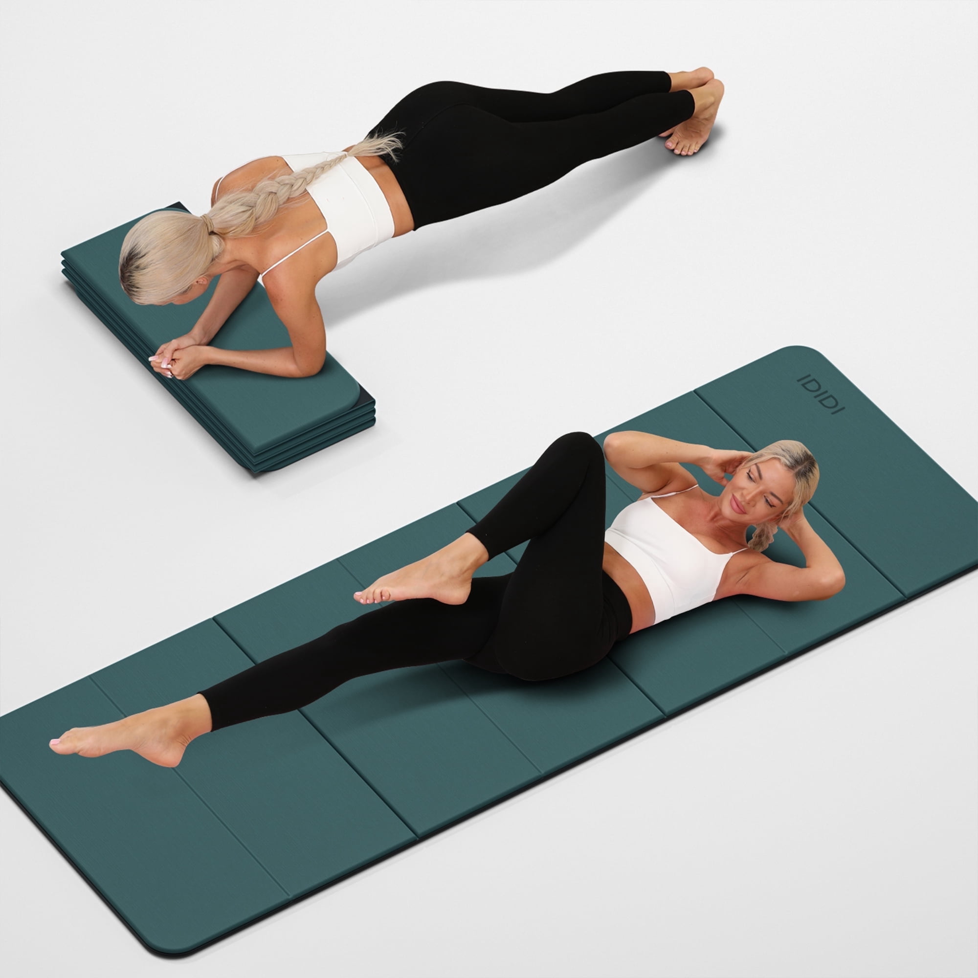 IDIDI Foldable Yoga Mat, 8mm Thick, Non Slip Exercise Mats For Home and Travel, Quick Unfold/Stor, Flat Lay No Curl Design(Green+Black)