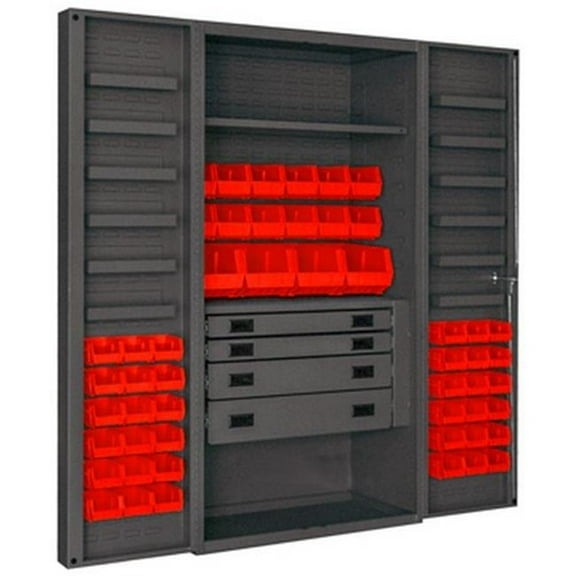Durham DCBDLP524RDR-1795 14 Gauge 12 Door Shelves Lockable Cabinet with 52 Red Hook on Bins & 1 Adjustable Shelf & 4 Drawers, Gray - 36 x 24 x 72 in.