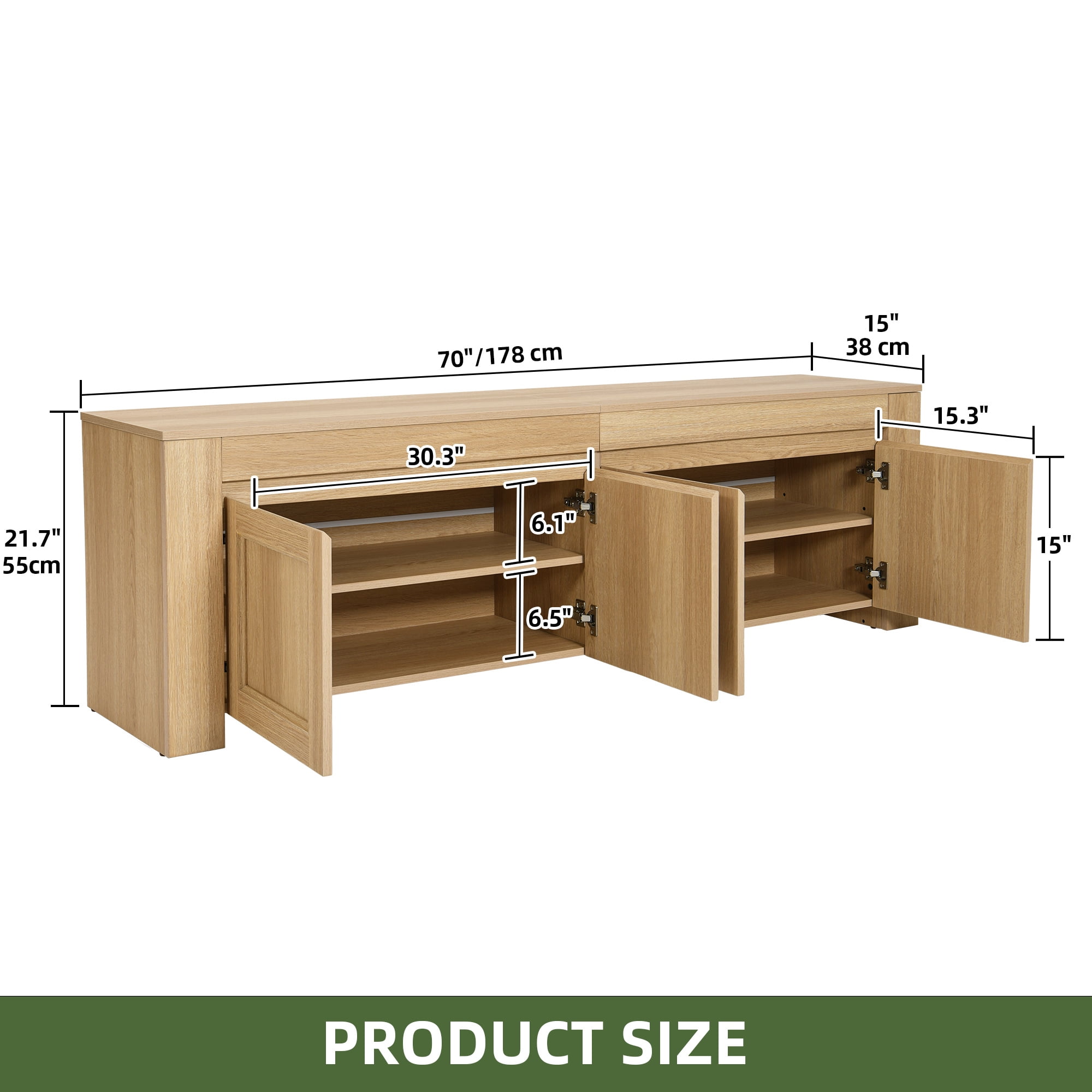 Uforic 70 Inch Modern Farmhouse TV Stand for Up to 80 Inch TVs with 4 Storage Doors & Inner Shelves for Living Room, Natural Oak