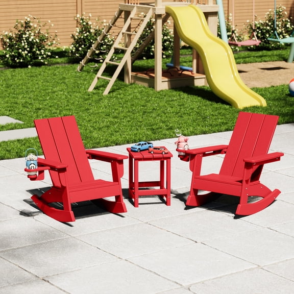 WestinTrends Ashore 3-Piece Kids Modern Rocking Chair With Cup Holder and Square Side Table Set, Red