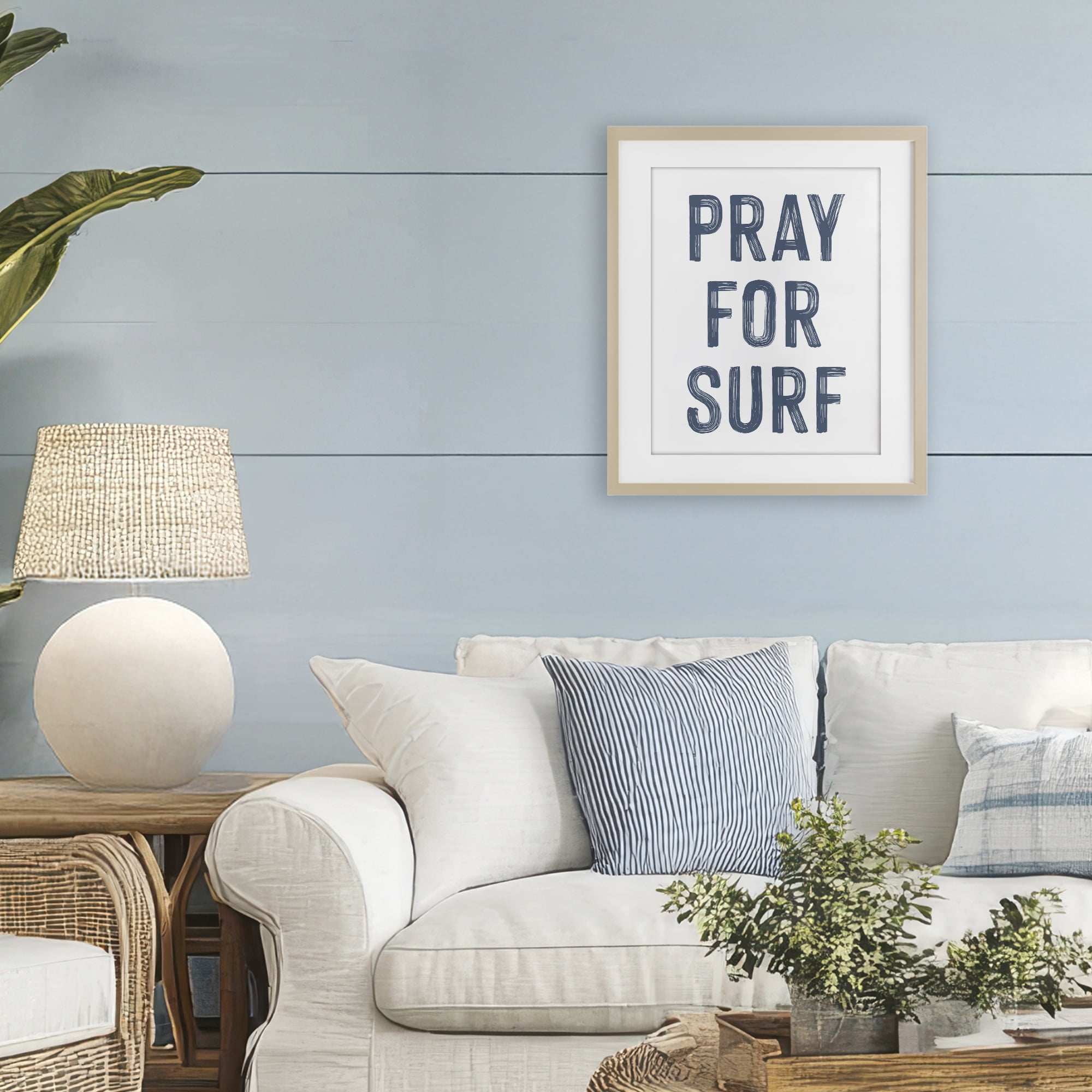 Summer Sentiment Pray For Surf Birch Framed Print Under Glass, design by Lettered and Lined