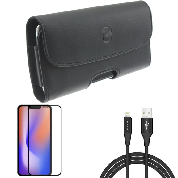 Case Belt Clip & 6ft USB Cable & Screen Protector for iPhone 13/Pro ONLY - Leather Holster Cover   Charger Cord Power Wire   Anti-Glare Tempered Glass Matte Combo
