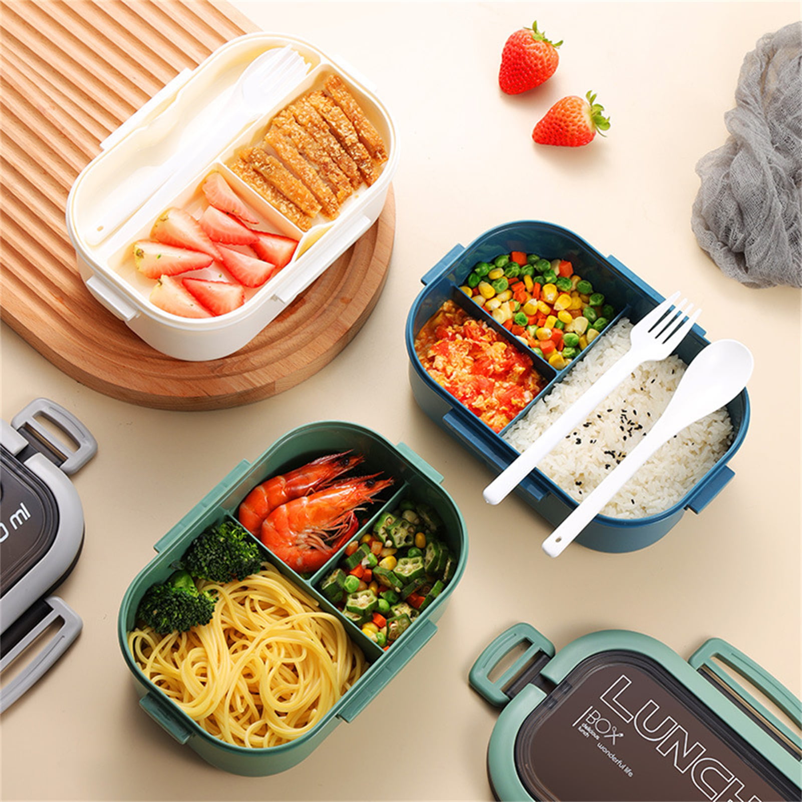 Yesbay 1 Set Lunch Box Microwave Safe Double Layer Compartment Leakproof  Children Cartoon Bento Box with Fork Spoon School Supply 