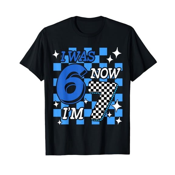 Funny 67 Birthday T-Shirt - Blue Checkered Design, "I Was 6 Now I'm 7" with Bold Text and Stars