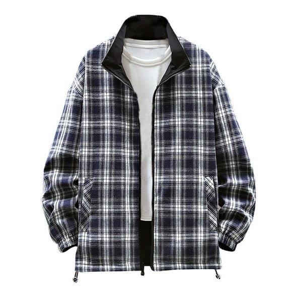 MELDVDIB Mens Zip-Up Plaid Jacket Fashion Causal Solid Color Stand Collar Coat Tops Fall Winter Long Sleeve Light Weight Outwear with Pockets Black L