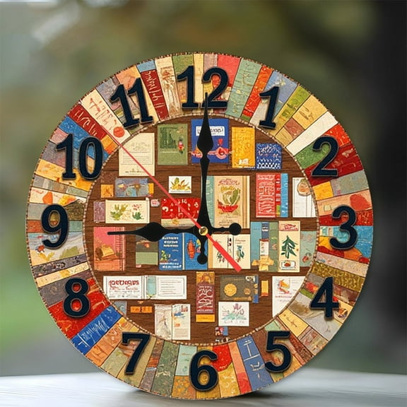 Vintage Book Page Collage Wall Clock 10-Inch Silent Wooden Wall Clock, Battery Operated (AA Batteries Not Included), Artistic Home Decor