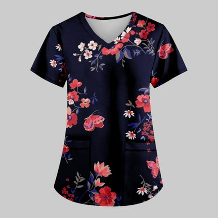 

Yubatuo Women Plus Size Scrubs Top with Pockets V-Neck Short Sleeve Flower Print Work Blouse for Women Red 3XL