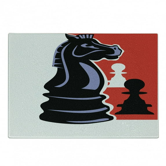 Board Game Cutting Board, Chess Themed Pieces Design Pawn Silhouette and Knight, Decorative Tempered Glass Cutting and Serving Board, in 3 Sizes, by Ambesonne
