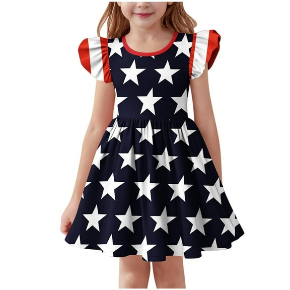 ZACPNCV Girls 4th of July Dress Toddler Girl USA Flag Dresses Flutter Sleeve Patriotic Clothes Independence Day Outfits Blue 3-4 Years