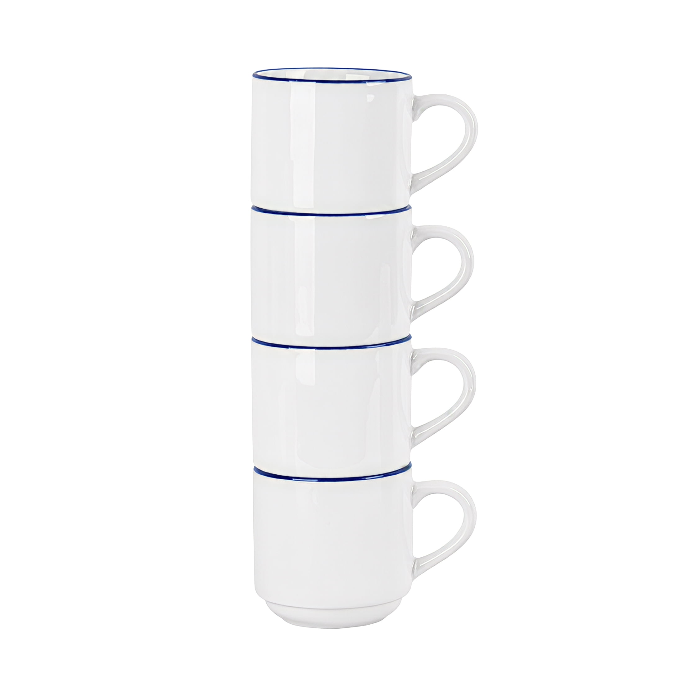 (4 pack) Mainstays White Ceramic Coffee Mug with Blue Rim, 11 oz