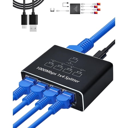 1 to 4 Ethernet Splitter, 1000Mbps Gigabit Network Hub with USB Power Cable, 4-Port High Speed LAN Splitter for Router Modem Gaming PS5, Supports Cat5/5e/6/7/8 Cable [Connect 4 Devices at Once]