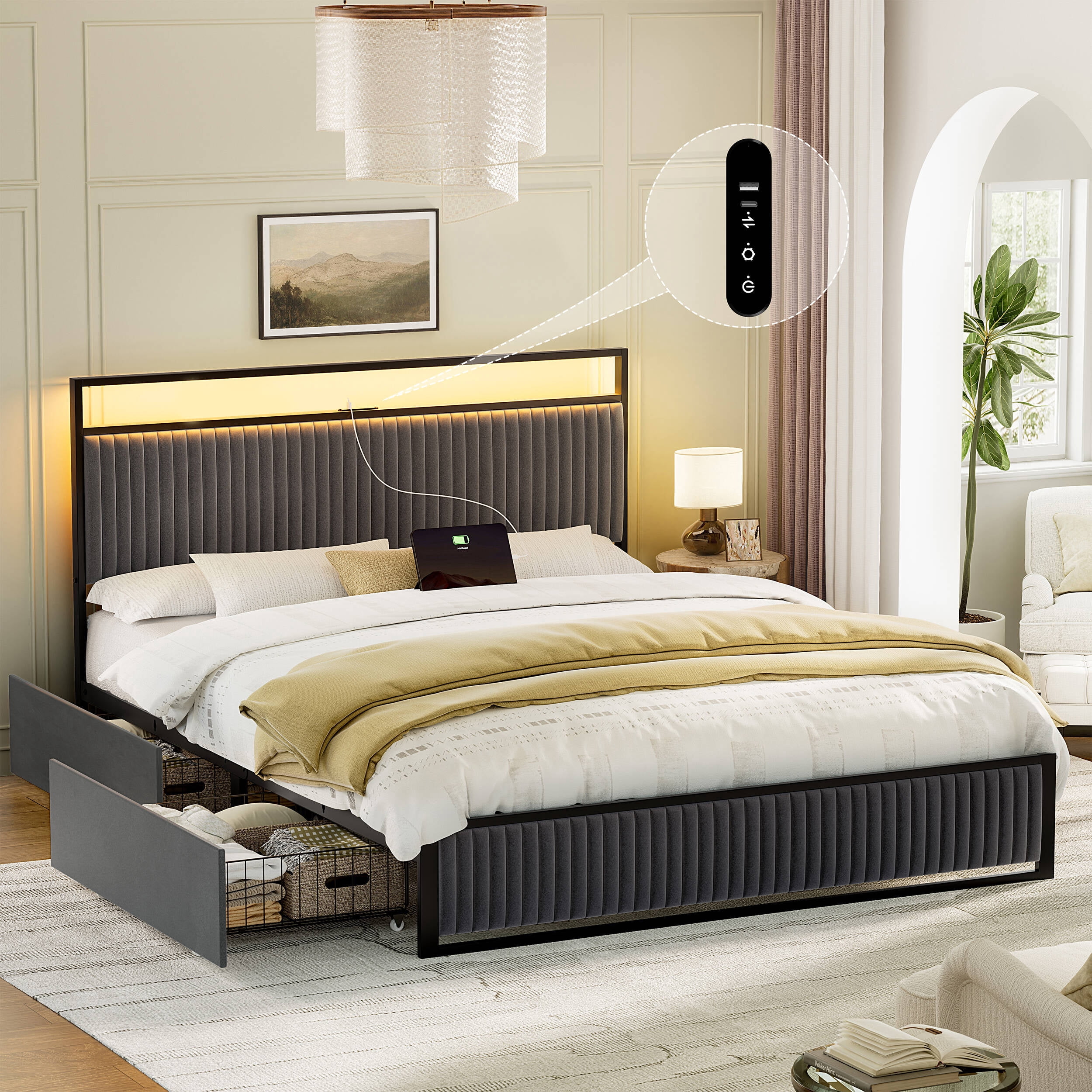 GUNAITO Full Size Bed Frame with Headboard, Platform Bed with 2 Drawers, Velvet Upholstered Bed Frame with LED Lights & Charging station，Dark Grey