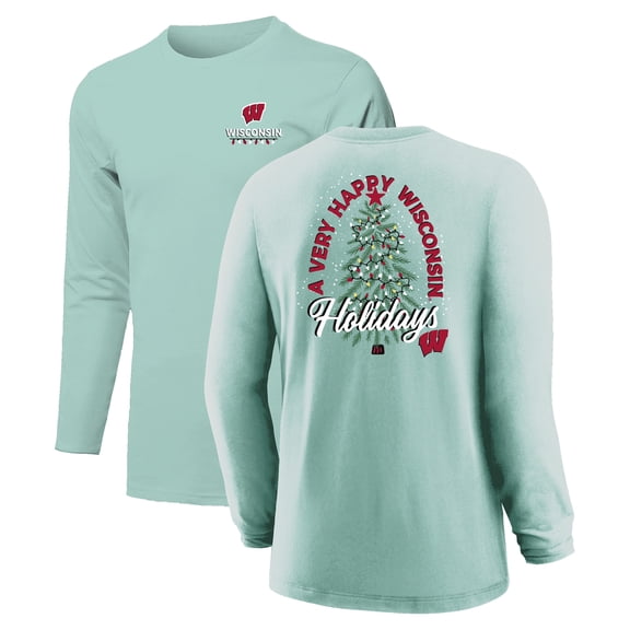 Youth  Light Green Wisconsin Badgers Merry Christmas Tree Long Sleeve T-Shirt