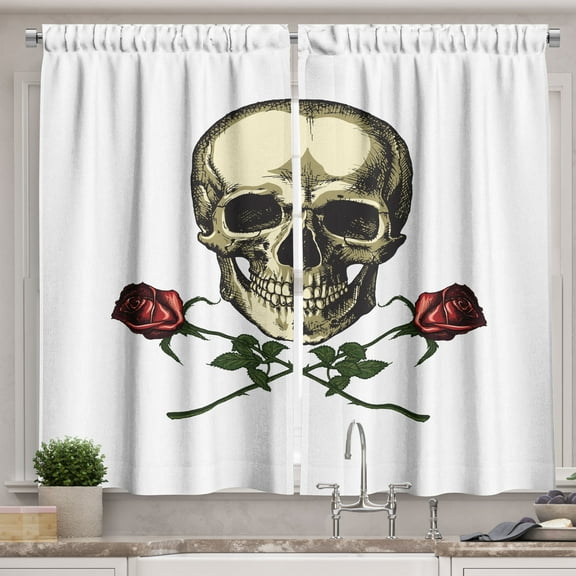 Ambesonne Skull Flower Kitchen Curtains, Romantic Roses Gothic, 55"x36", Cream Ruby and Charcoal Grey
