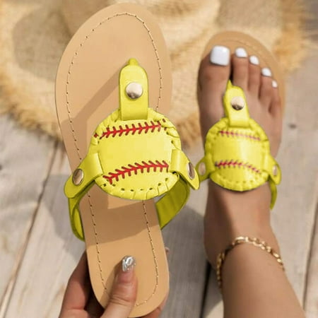 

QWANG 2023 Womens Sandals Printed Baseball Flip Flops Beach Slippers Women s Slippers Yellow