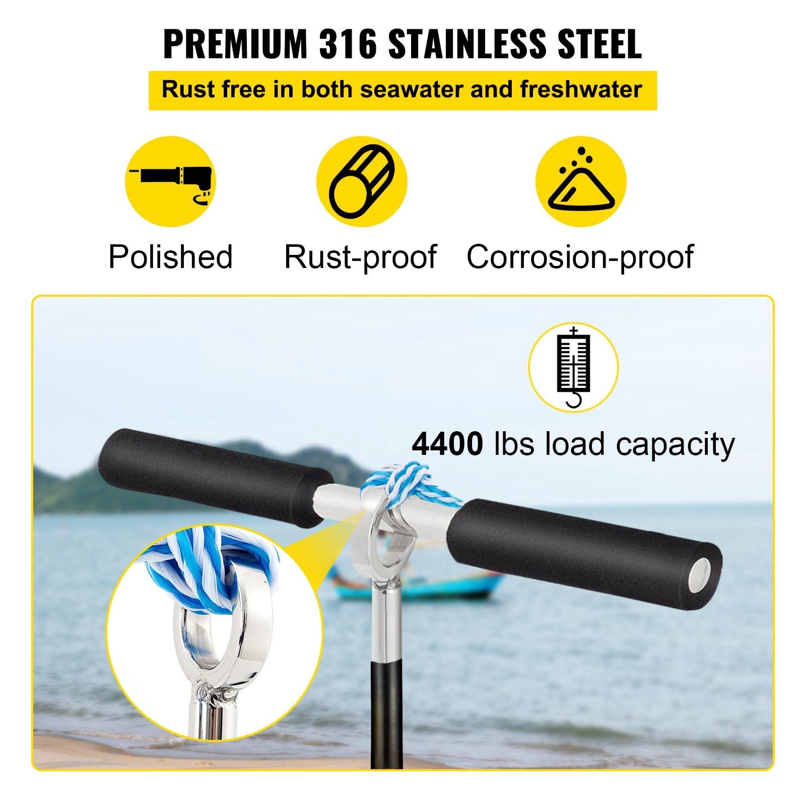 36" Stainless Steel Sand Screw Anchor, 316 Marine-Grade Auger with Removable Torque Handle & Bungee Tether, for Jet Ski Beach Parking, PWC Sandbar Mooring and Kayak/Pontoon Shore Anchoring