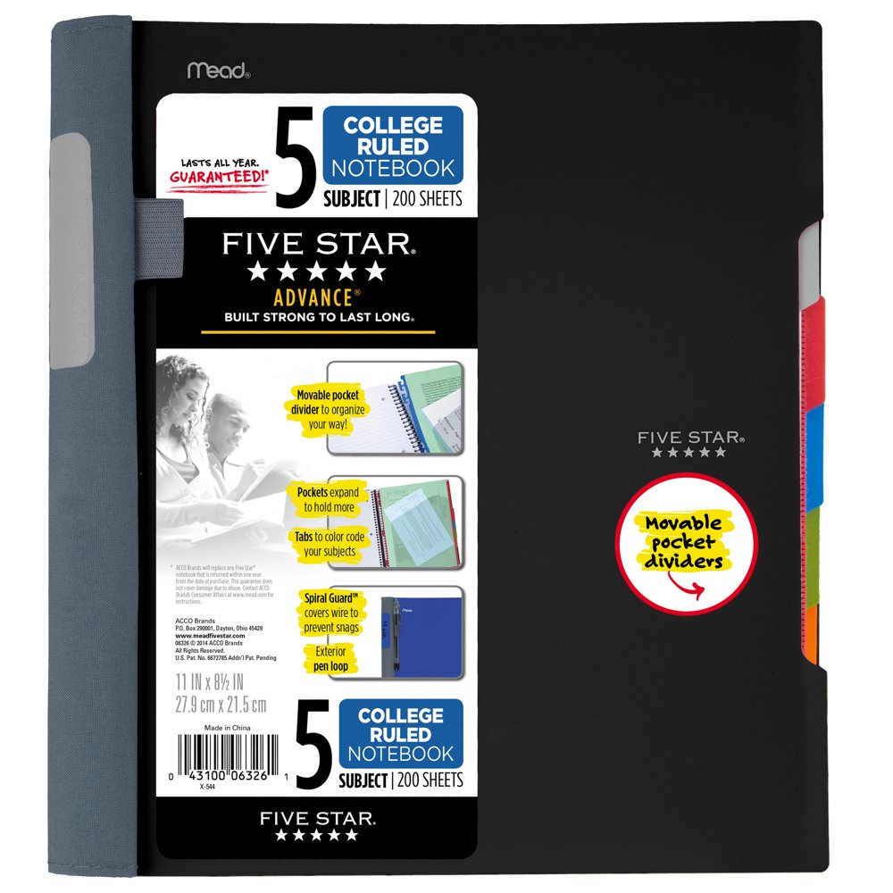 Five Star Advance Notebook 5 Sub, 200ct CR, Black