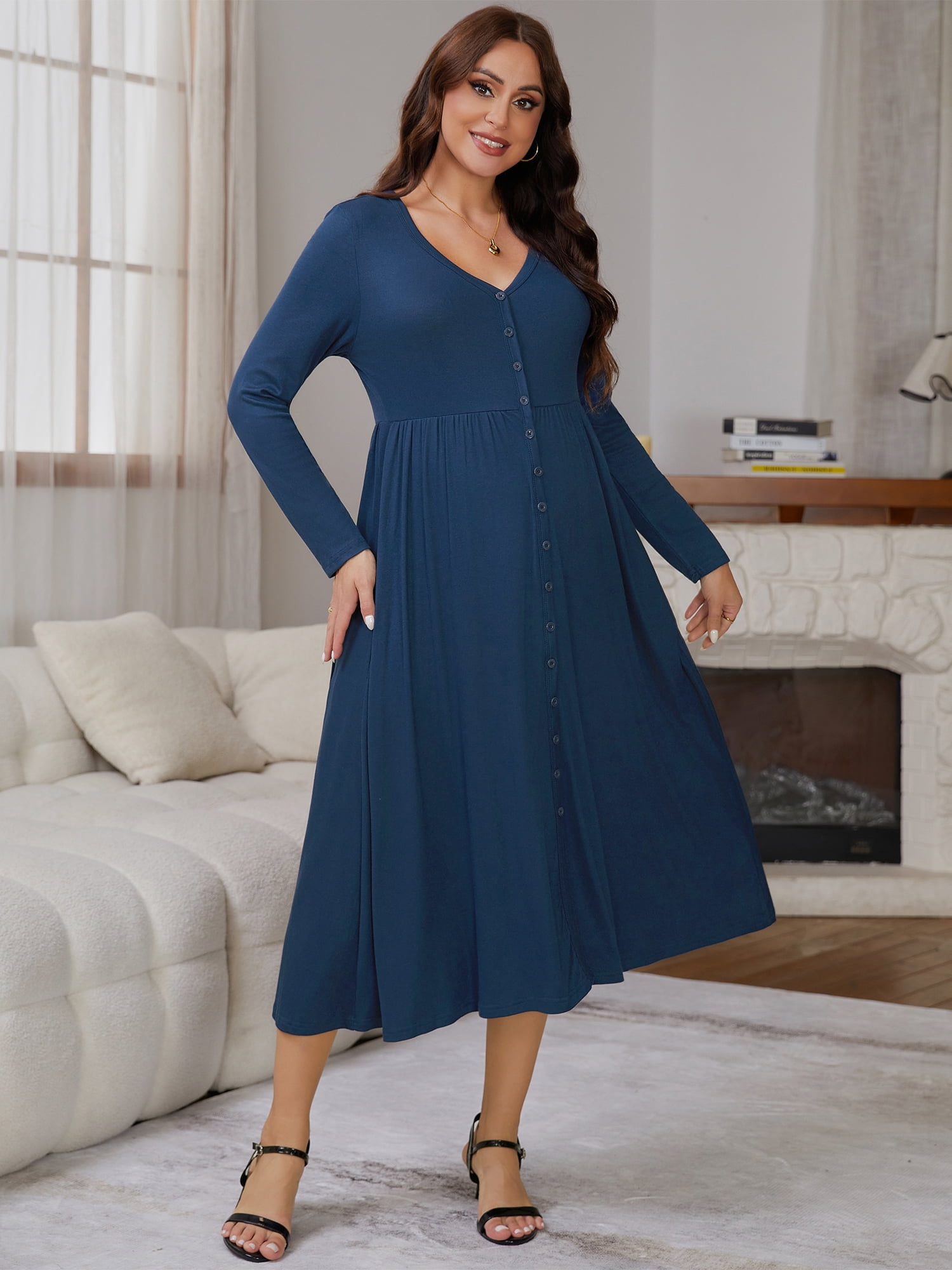 DARING DIVA Women's Soft A-line Maternity Dresses Long Sleeve Maxi Dress M Blue
