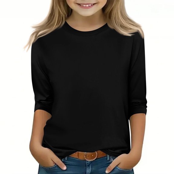 GA WEIHUA Girls Tops 3/4 Sleeve Shirts Cute Solid Three Quarter Length Tunic Tees Toddler Kids Casual Loose Fit Crewneck T Shirts Blouses(Black,7 Years)