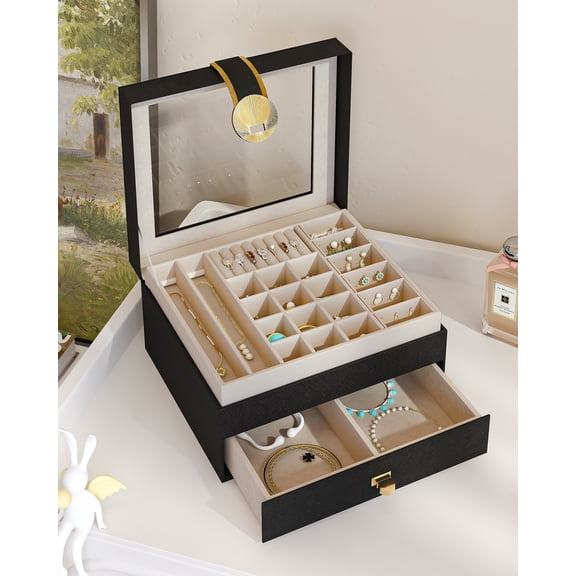 Modern PU Leather Jewelry Box 2 Drawers Removable Tray ,Gift for Women
