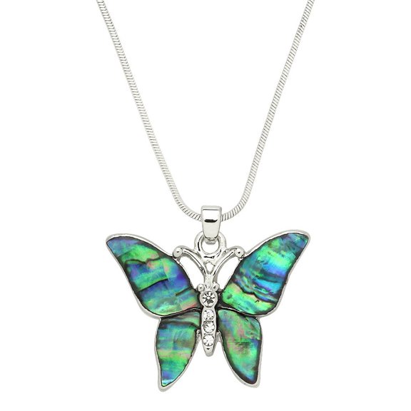 Butterfly Pendant Necklace Earring Bracelet Abalone Shell Rhinestone Crystal Rhodium Plated 17 Inch Snake Chain J1026