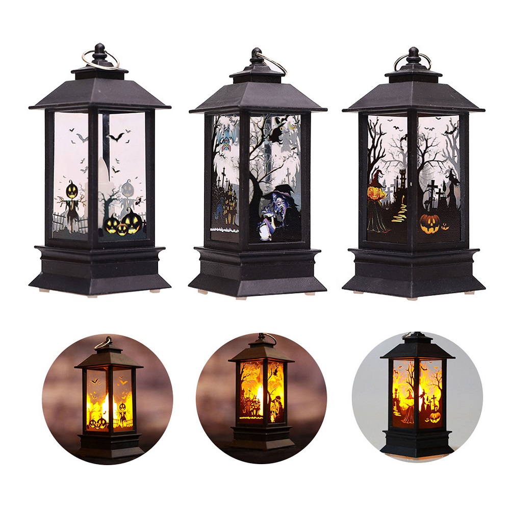 Halloween Portable Lanterns, Orange Candle LED Halloween Lamp Lights, 5x2" Spooky Witch Pumpkin Scarecrow Castle Flame Lights Hanging Night Light for Home Party Porch House Bar - image 2 of 5