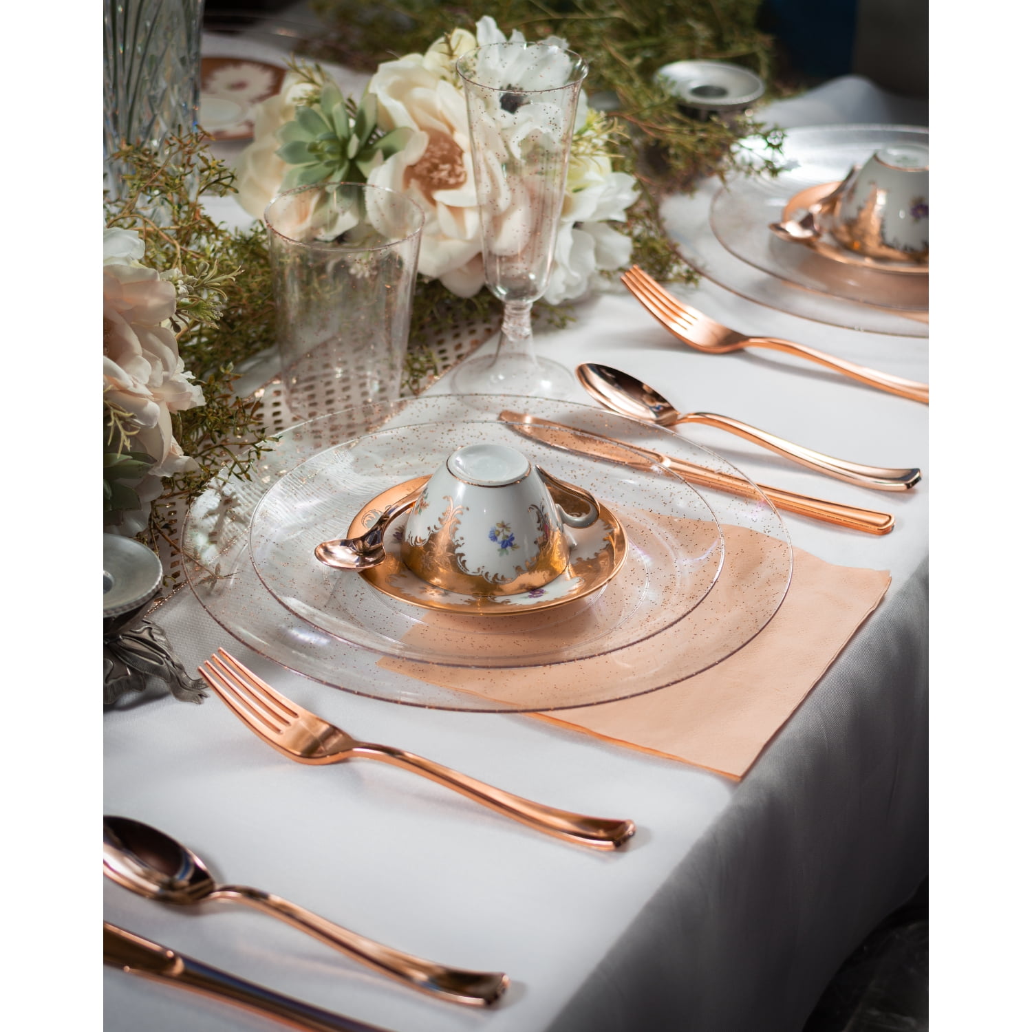 60 Crown Display Quality Plastic Wine Flute Glasses, Rose Gold Glitter Glass Like Two Piece 5 Oz Stemmed Champagne Glasses - Rose Gold Sparkle