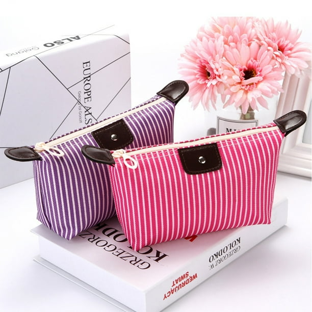 Long Makeup Bag Stripe Pattern Folding Waterproof Travel Pouch Portable Wash Bag