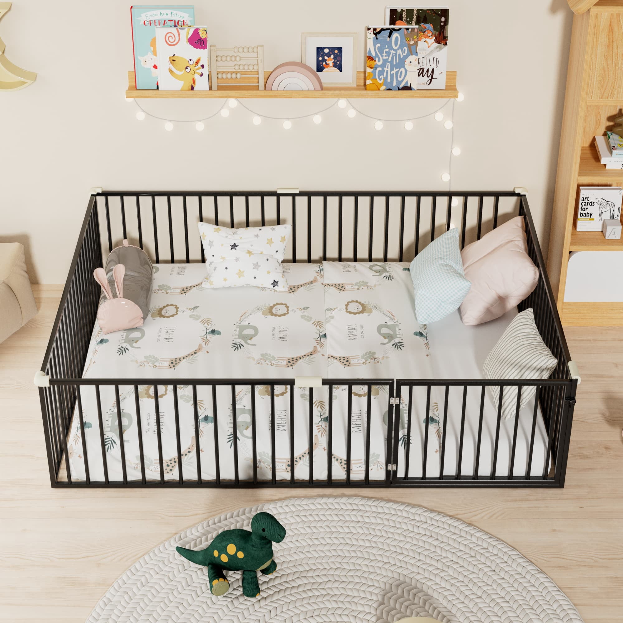 Queen Size Montessori Floor Bed with Safety Fence and Door, Metal Floor Bed Frame with Rails, Minimalist Versatile Floor Bed for Children Bedroom, Toddlers, Boys Girls, Kids Playroom, Black