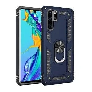 Huawei P30 Blue Military Grade 360 Degree Rotating Metal Magnetic Ring Car Mount Holder Kickstand Shockproof Heavy Duty Cover