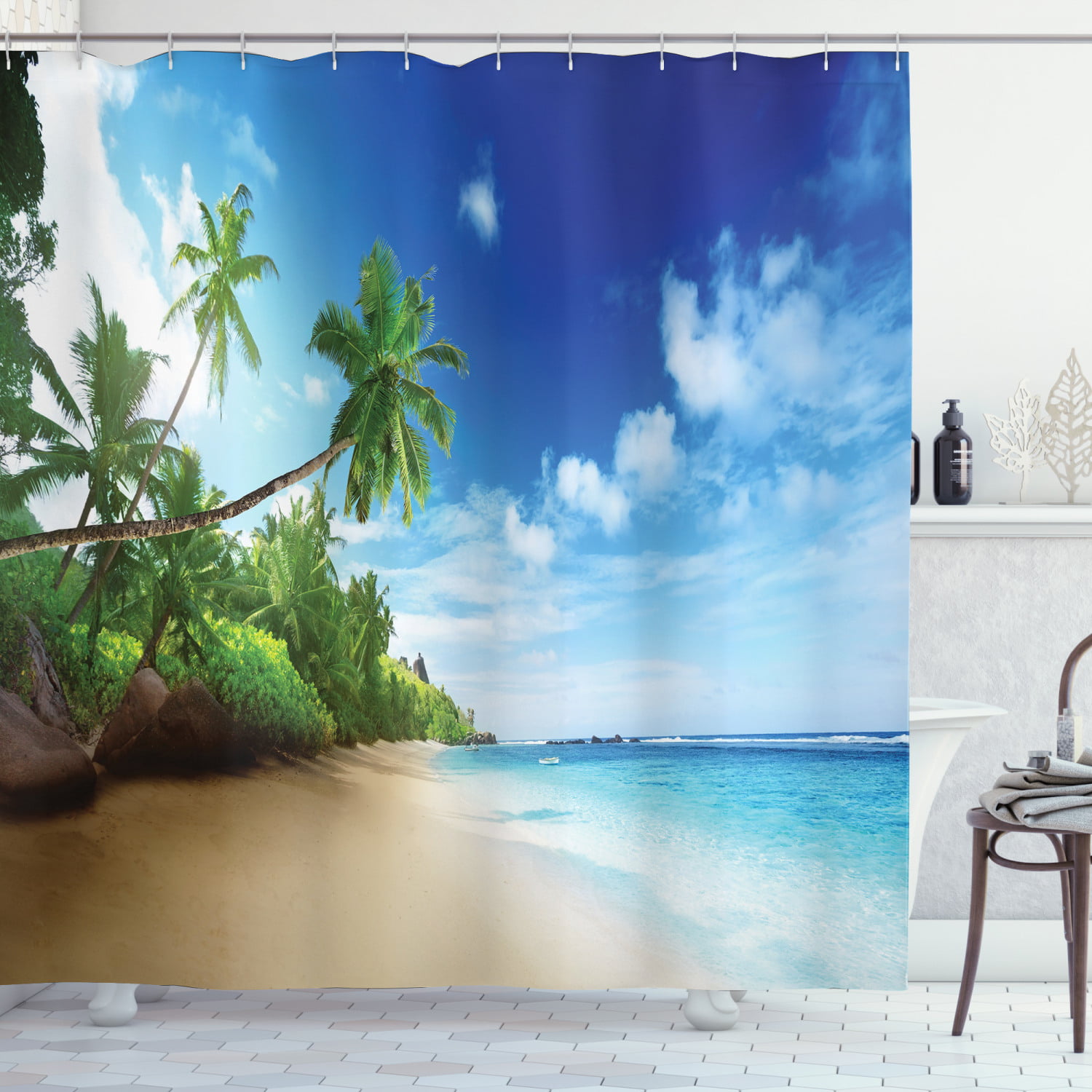 Waterproof Tropical Sea Beach Swimming Bathroom Fabric Shower Curtain Set Hooks 