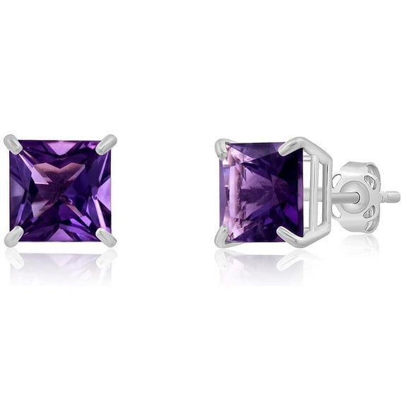 Princess Purple Amethyst Stud Earrings, 14k White Gold, 4MM Jewelry Gift for Women Plated by Paris Jewelry