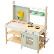 KFFKFF Children's Mud Kitchen, Playset Made of Wood, Outdoor Miniature Supermarket Set for Toddlers, Imaginative Play Kitchen with Cooking Range, Reservoir, Tap, Storage Sack, Metallic Containers