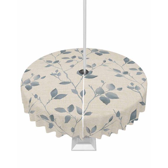 Outdoor Tablecloth with Umbrella Hole for Patio/Picnic/Party/Camping, Branches Leaves Waterproof Table Cloth Round Cover Washable, Spring Summer Botanical Vintage Dia 54"