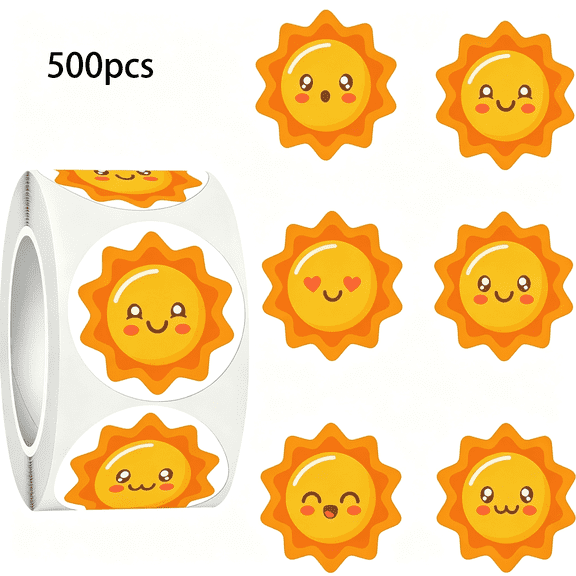 KAISA 500Pcs Cute Sun Stickers for Kids,Sunshine Reward Stickers for Student Planner,School Teacher Supplies,Cartoon Sunshine Decals for Diy,Crafts,Water Bottles,Laptop(6 Designs Per Roll)