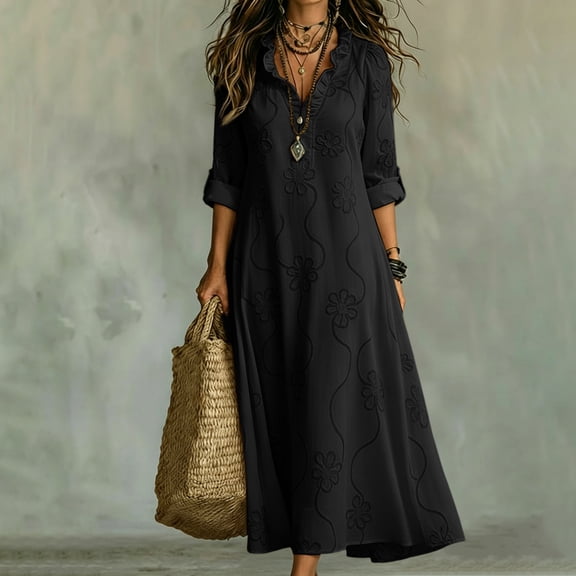 Womens Boho Dresses Rolled Up Long Sleeve Ruffle V Neck Floral Dresses Casual Loose Vacation Maxi Dresses, L