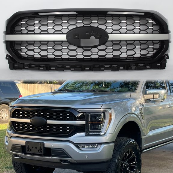 Iconic Silver &Gloss Black Platinum Style For 2021-2023 Ford F150 F-150 Front Bumper Upper Grille Grill