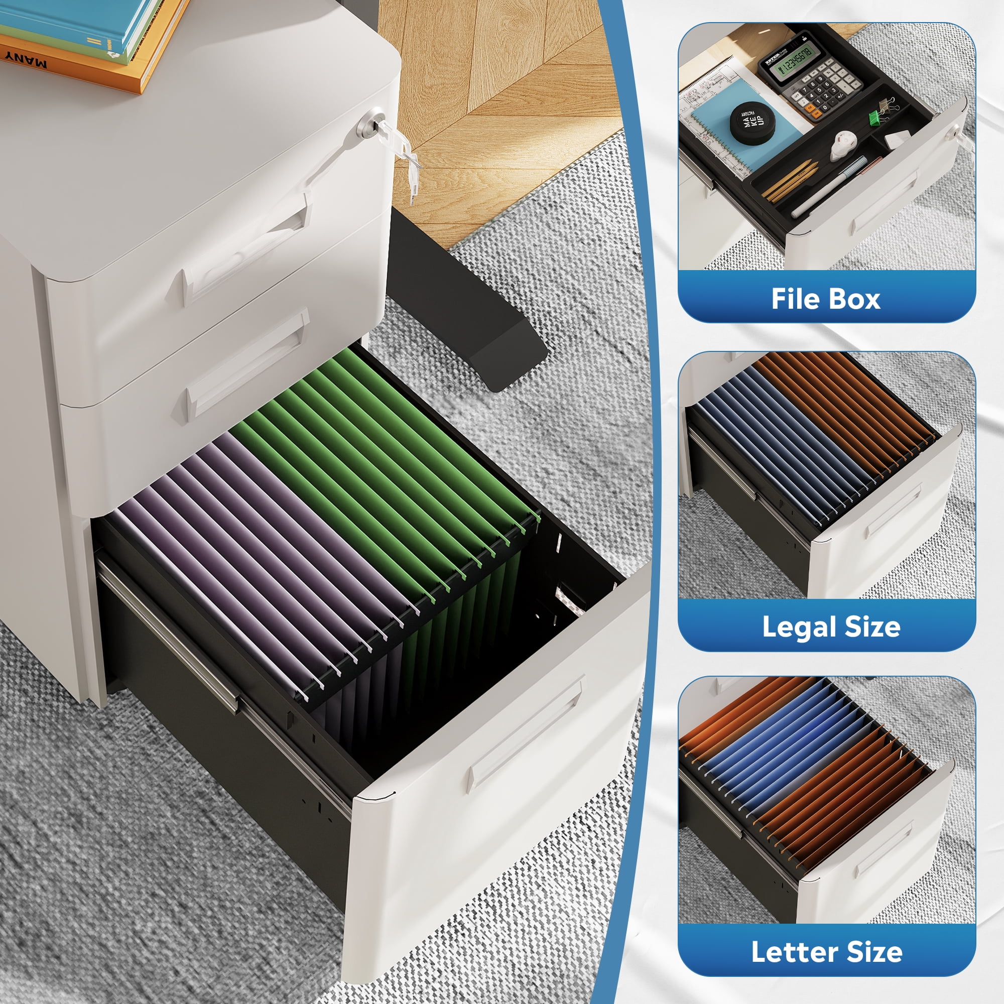 GALAXHERO 3 Drawer Metal File Cabinet with Lock, Mobile Filing Cabinet on Wheels for Home Office, Fully Assembled, Rounded Corners, Fit Legal/Letter/A4 Size, White