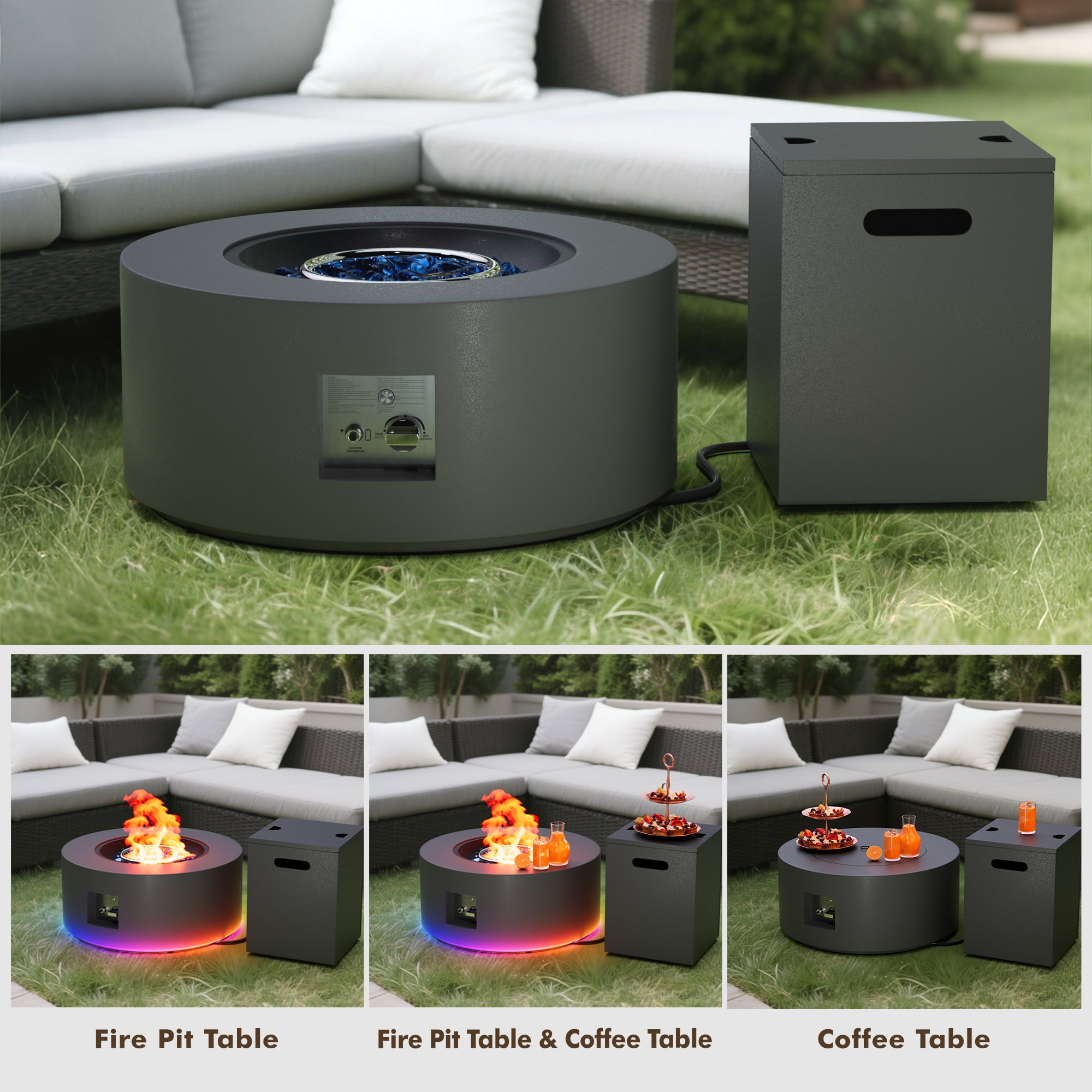 30 in. Round 50000 BTU Coating Steel Outdoor Fire Pit Table with Tank Holder, LED Light, Cobalt Blue Beans,Gas Fire Pit Table for Outside